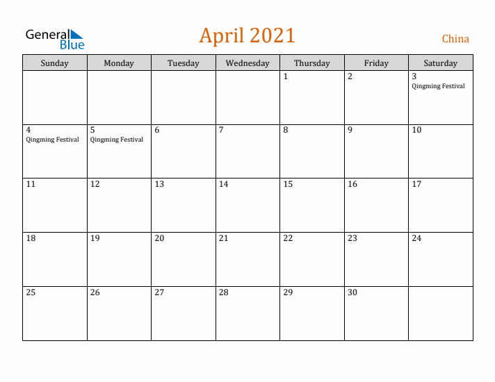 April 2021 Holiday Calendar with Sunday Start