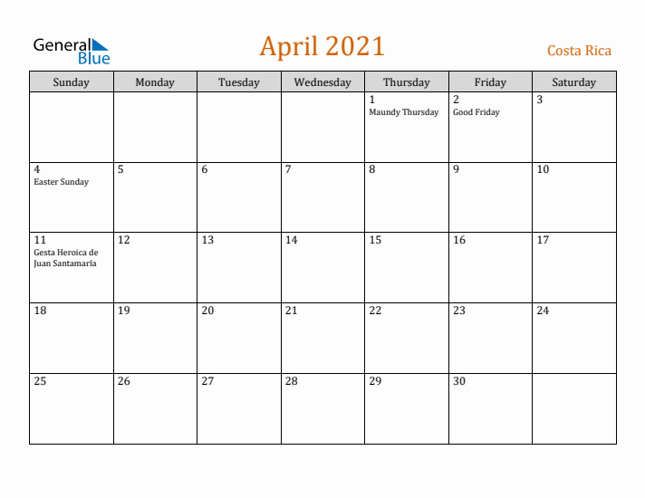 April 2021 Holiday Calendar with Sunday Start