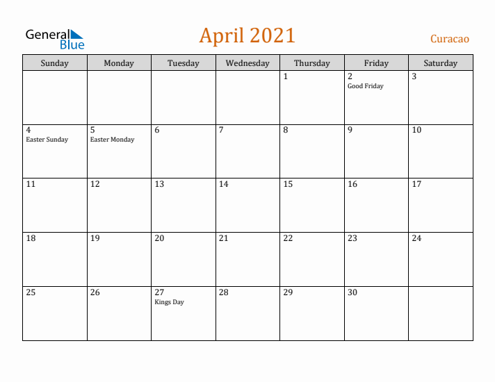 April 2021 Holiday Calendar with Sunday Start