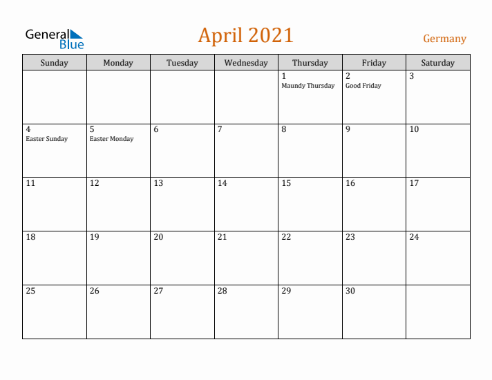 April 2021 Holiday Calendar with Sunday Start