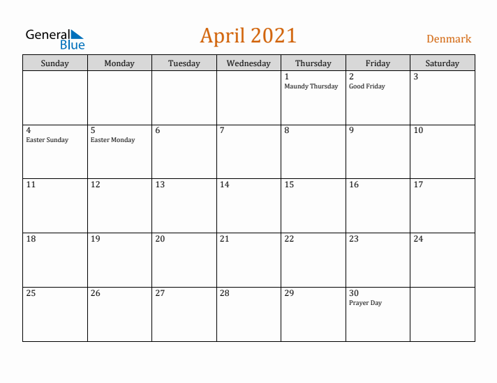 April 2021 Holiday Calendar with Sunday Start