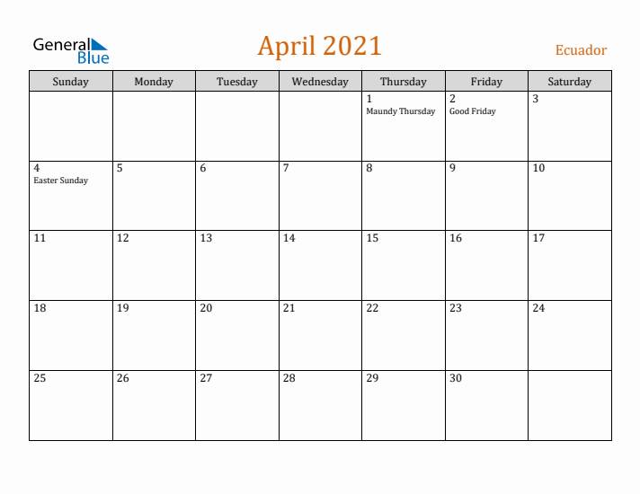 April 2021 Holiday Calendar with Sunday Start