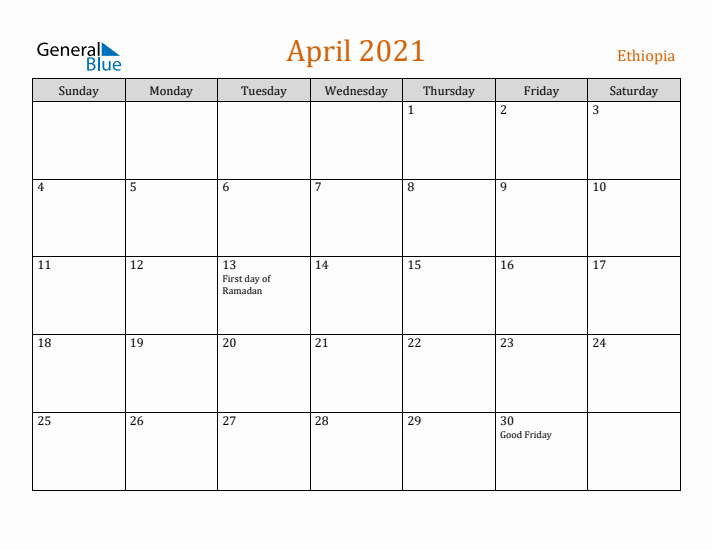 April 2021 Holiday Calendar with Sunday Start