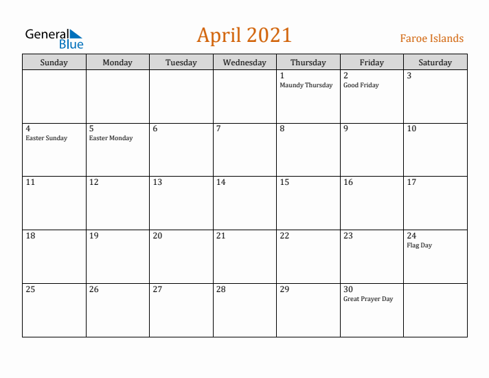 April 2021 Holiday Calendar with Sunday Start