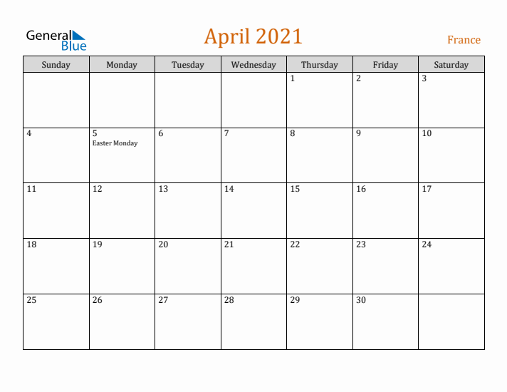 April 2021 Holiday Calendar with Sunday Start