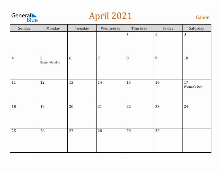 April 2021 Holiday Calendar with Sunday Start