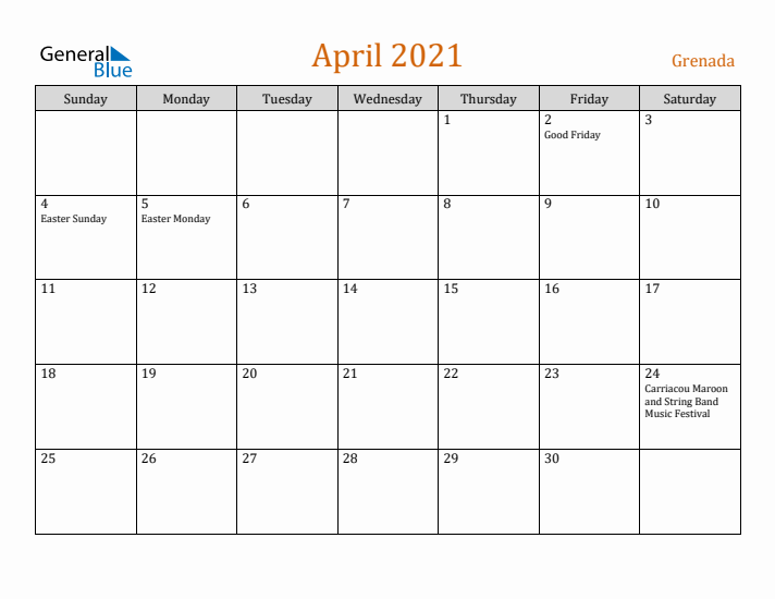 April 2021 Holiday Calendar with Sunday Start