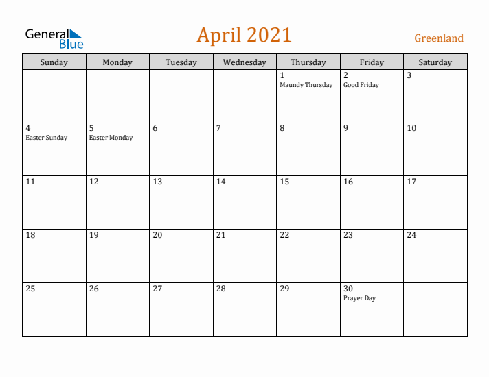 April 2021 Holiday Calendar with Sunday Start