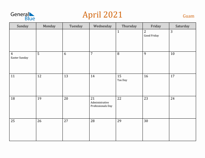 April 2021 Holiday Calendar with Sunday Start