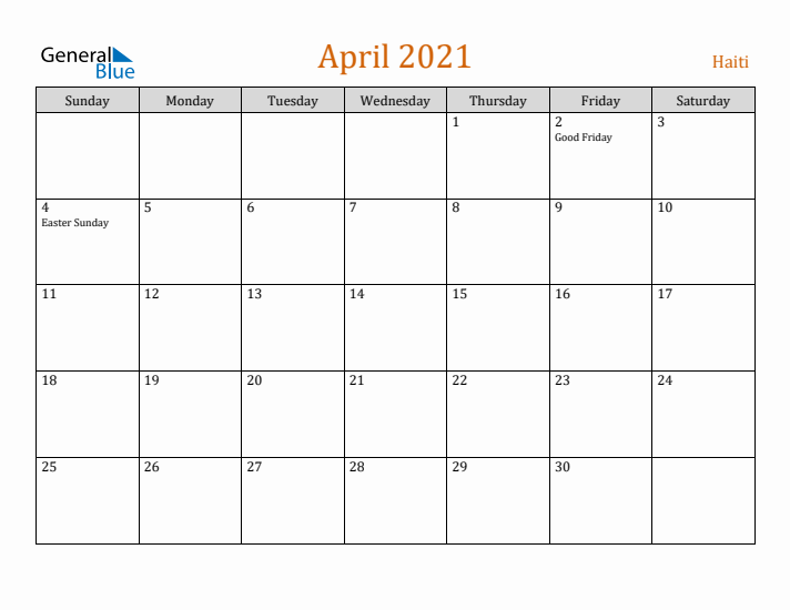 April 2021 Holiday Calendar with Sunday Start