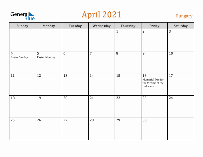 April 2021 Holiday Calendar with Sunday Start