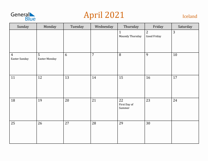 April 2021 Holiday Calendar with Sunday Start