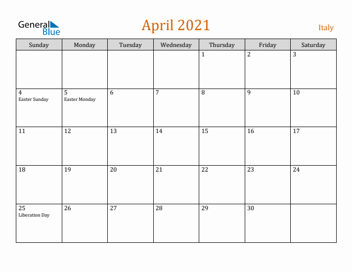 April 2021 Holiday Calendar with Sunday Start