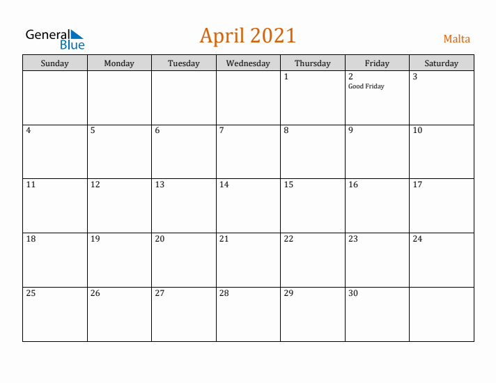 April 2021 Holiday Calendar with Sunday Start