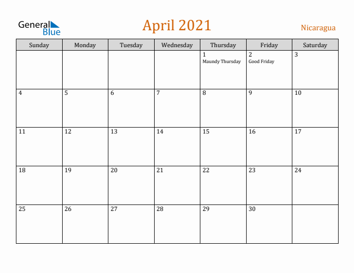 April 2021 Holiday Calendar with Sunday Start