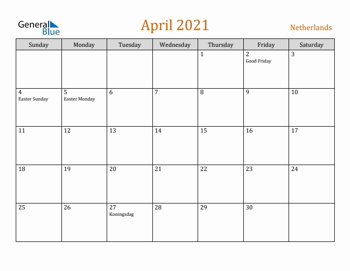 April 2021 Holiday Calendar with Sunday Start