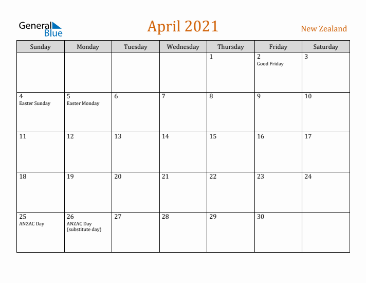 April 2021 Holiday Calendar with Sunday Start