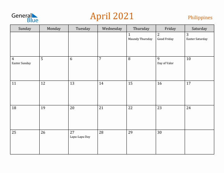 April 2021 Holiday Calendar with Sunday Start