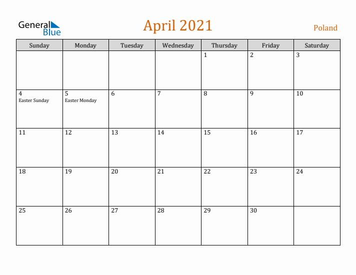 April 2021 Holiday Calendar with Sunday Start