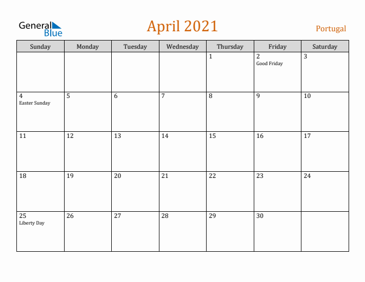 April 2021 Holiday Calendar with Sunday Start