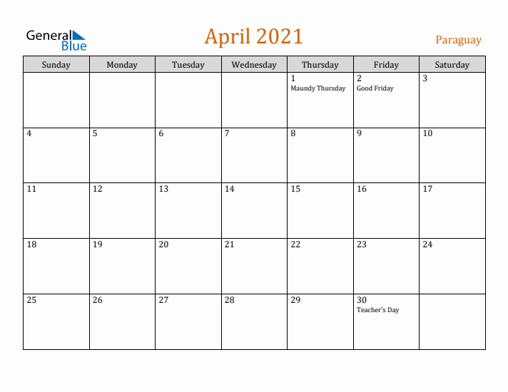 April 2021 Holiday Calendar with Sunday Start