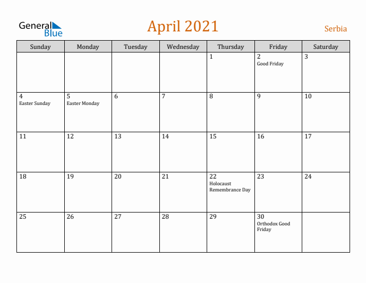 April 2021 Holiday Calendar with Sunday Start