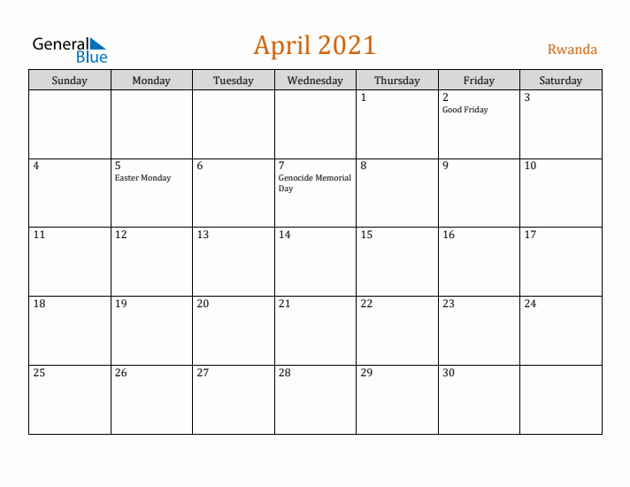 April 2021 Holiday Calendar with Sunday Start