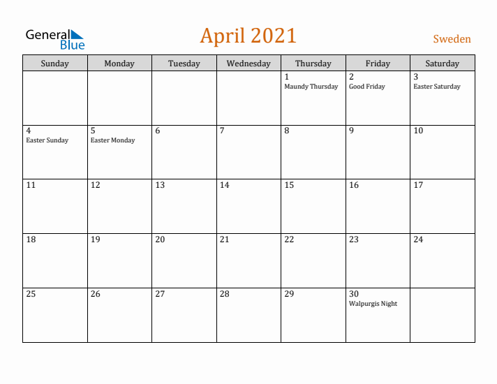 April 2021 Holiday Calendar with Sunday Start