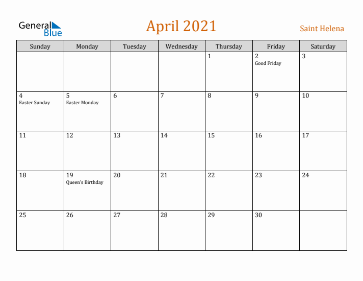 April 2021 Holiday Calendar with Sunday Start