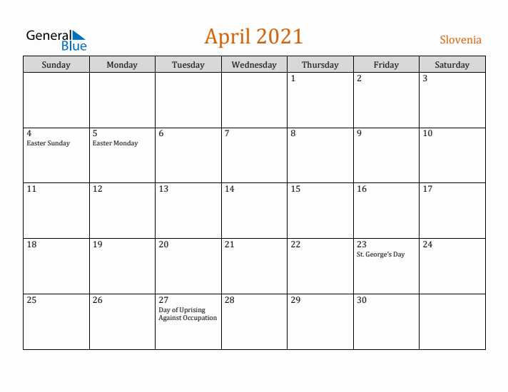 April 2021 Holiday Calendar with Sunday Start