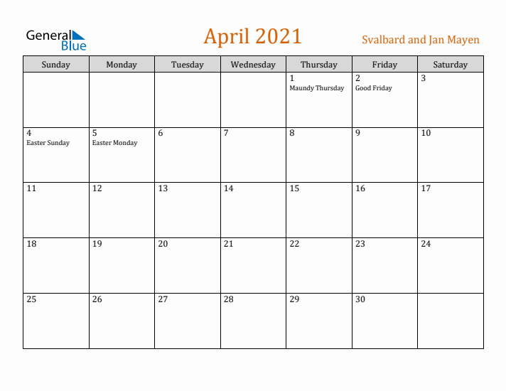 April 2021 Holiday Calendar with Sunday Start