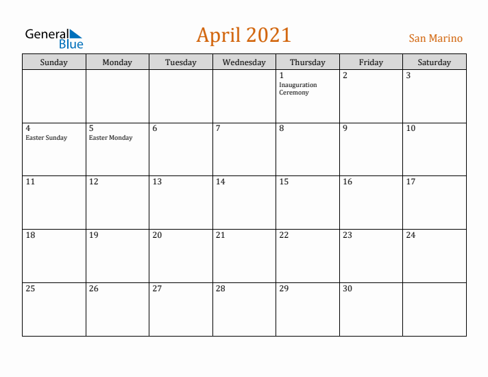 April 2021 Holiday Calendar with Sunday Start