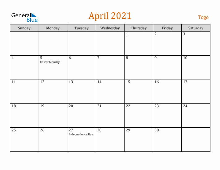 April 2021 Holiday Calendar with Sunday Start