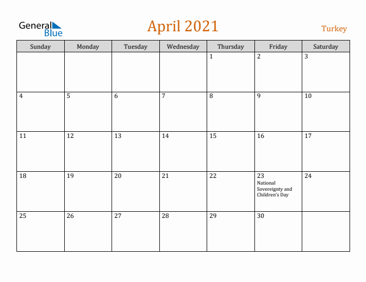 April 2021 Holiday Calendar with Sunday Start