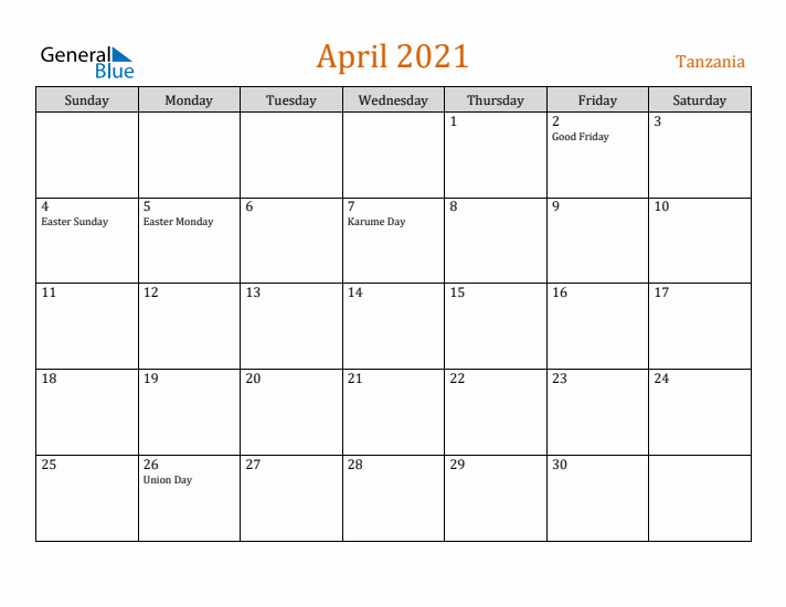 April 2021 Holiday Calendar with Sunday Start