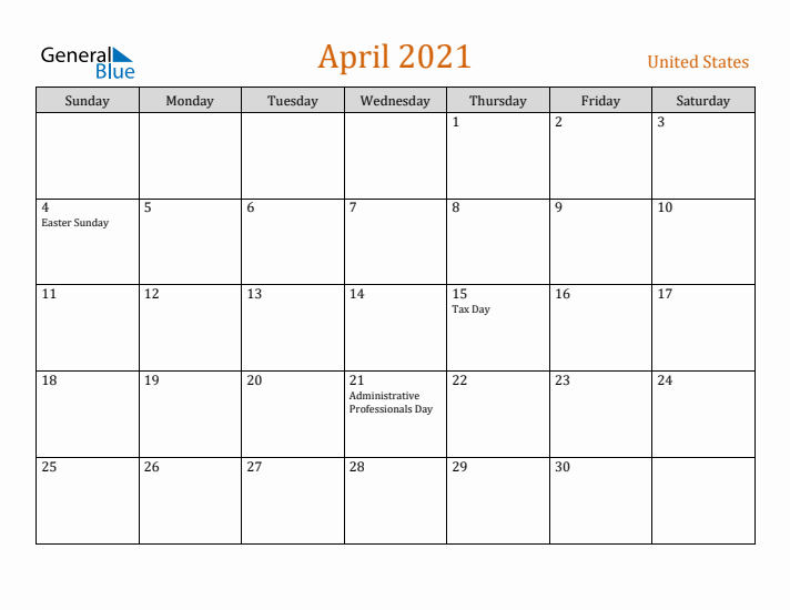 April 2021 Holiday Calendar with Sunday Start