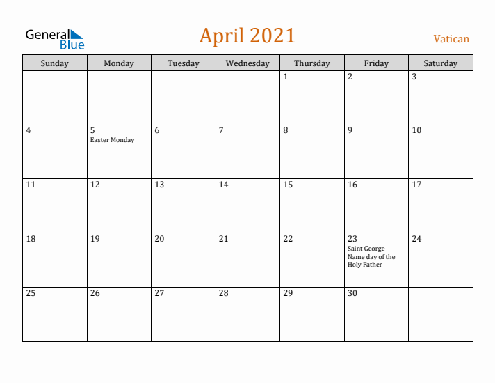 April 2021 Holiday Calendar with Sunday Start