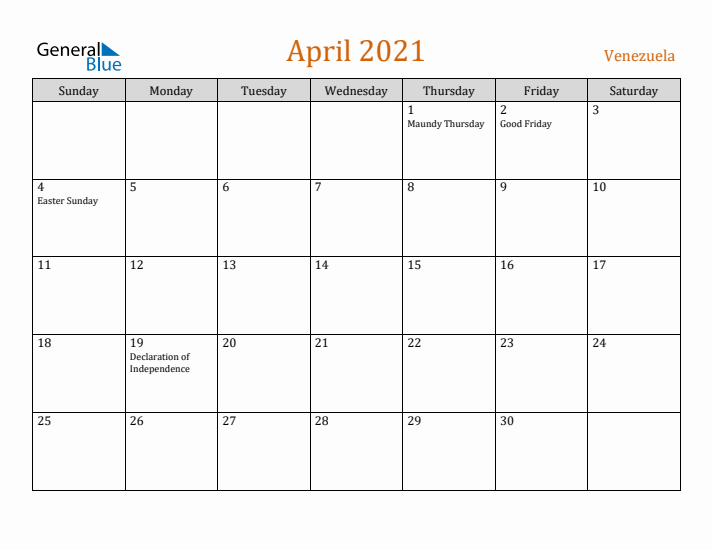 April 2021 Holiday Calendar with Sunday Start