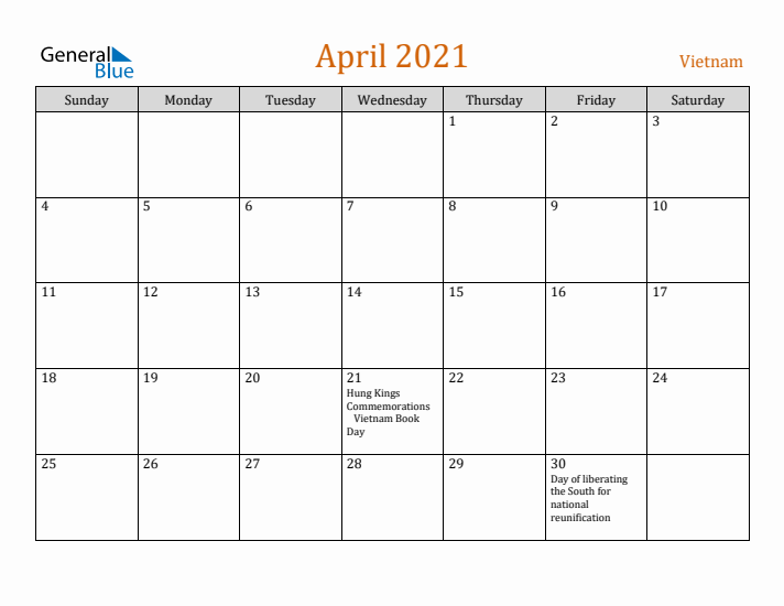 April 2021 Holiday Calendar with Sunday Start