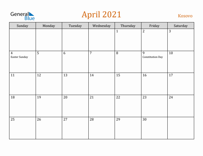 April 2021 Holiday Calendar with Sunday Start