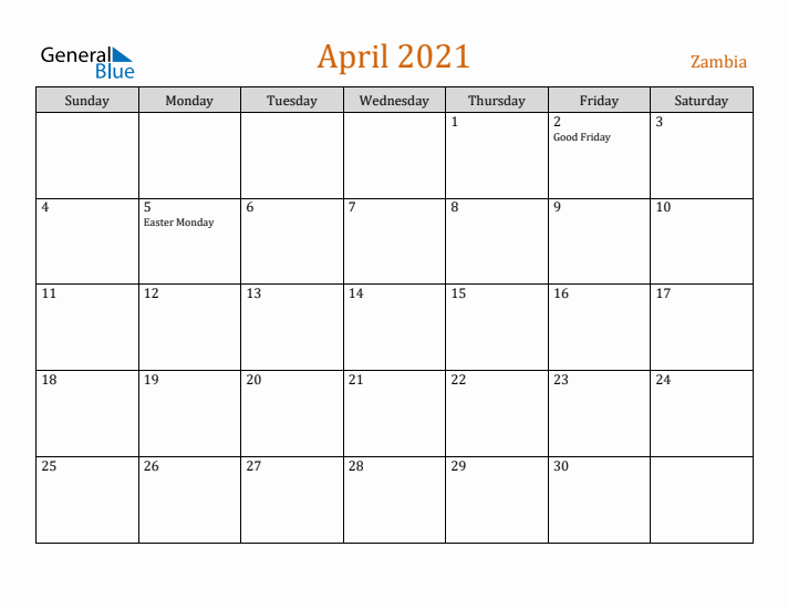 April 2021 Holiday Calendar with Sunday Start