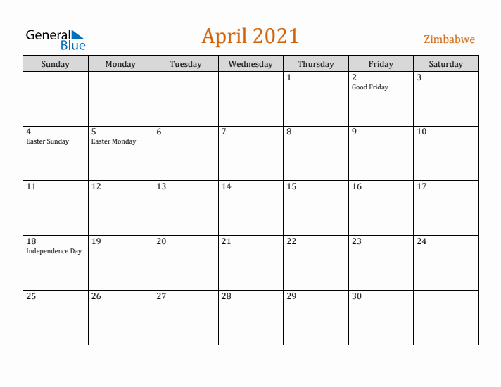 April 2021 Holiday Calendar with Sunday Start