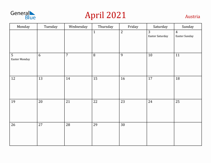 Austria April 2021 Calendar - Monday Start