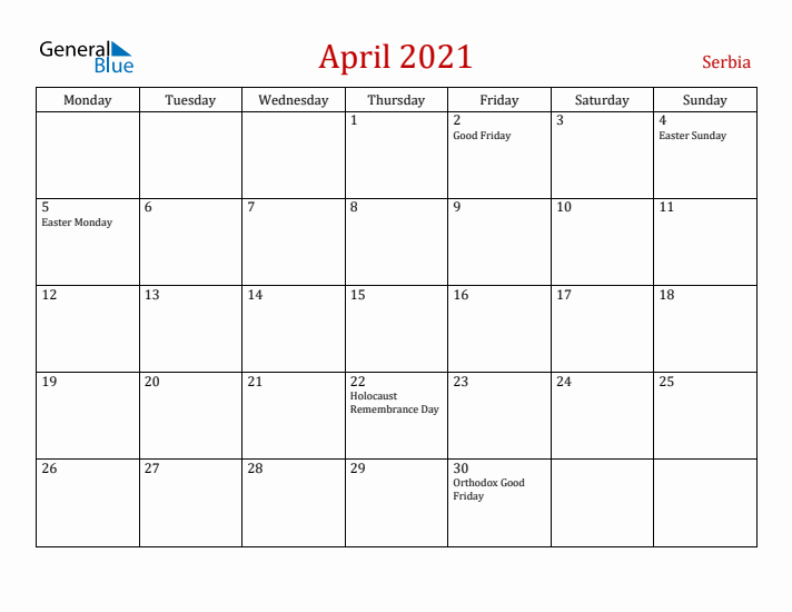 Serbia April 2021 Calendar - Monday Start