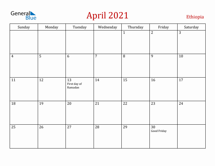 Ethiopia April 2021 Calendar - Sunday Start