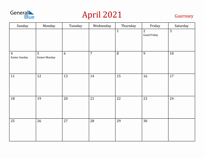 Guernsey April 2021 Calendar - Sunday Start