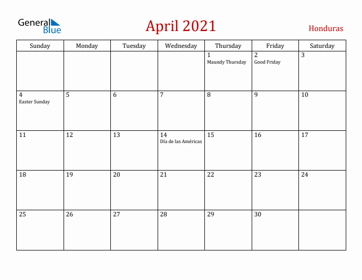 Honduras April 2021 Calendar - Sunday Start