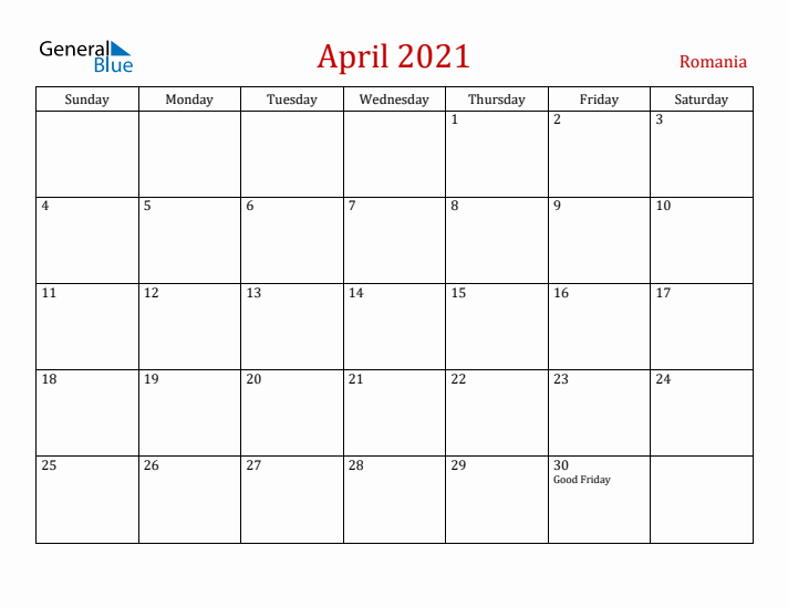 Romania April 2021 Calendar - Sunday Start