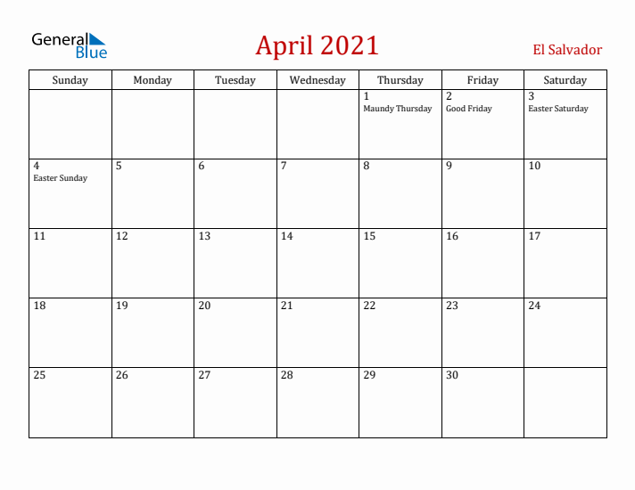 El Salvador April 2021 Calendar - Sunday Start