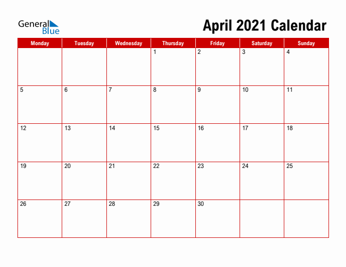 Simple Monthly Calendar - April 2021